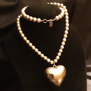 Vintage Silver Bead Puffy Heart Necklace Signed Designs By Paula